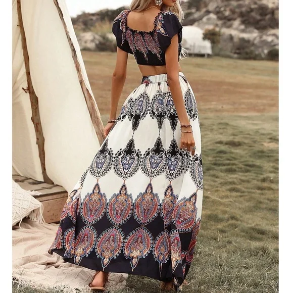 Boho Tribal Print Cropped Top Maxi Skirt Set - Picture 5 of 5